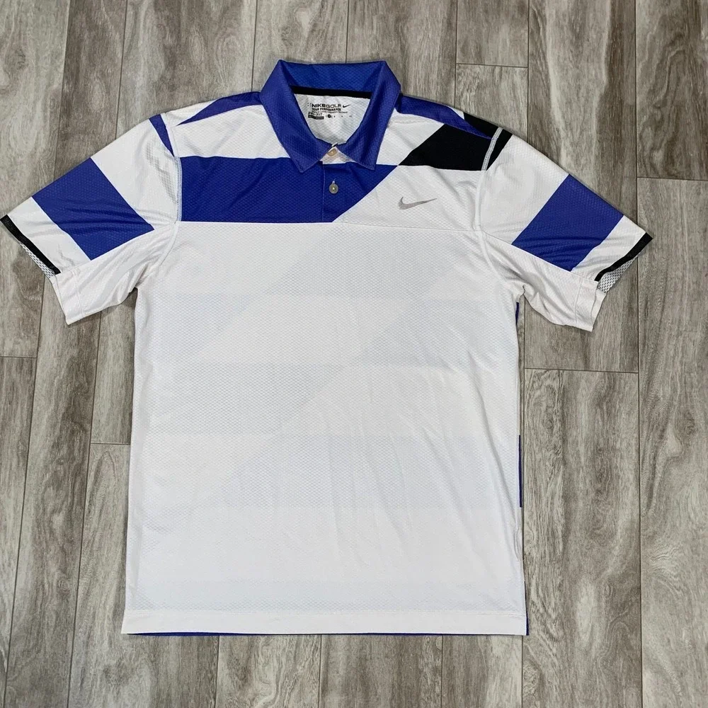 Nike Polo Shirt Mens Small White‎ Blue Color block Dri-Fit Golf
